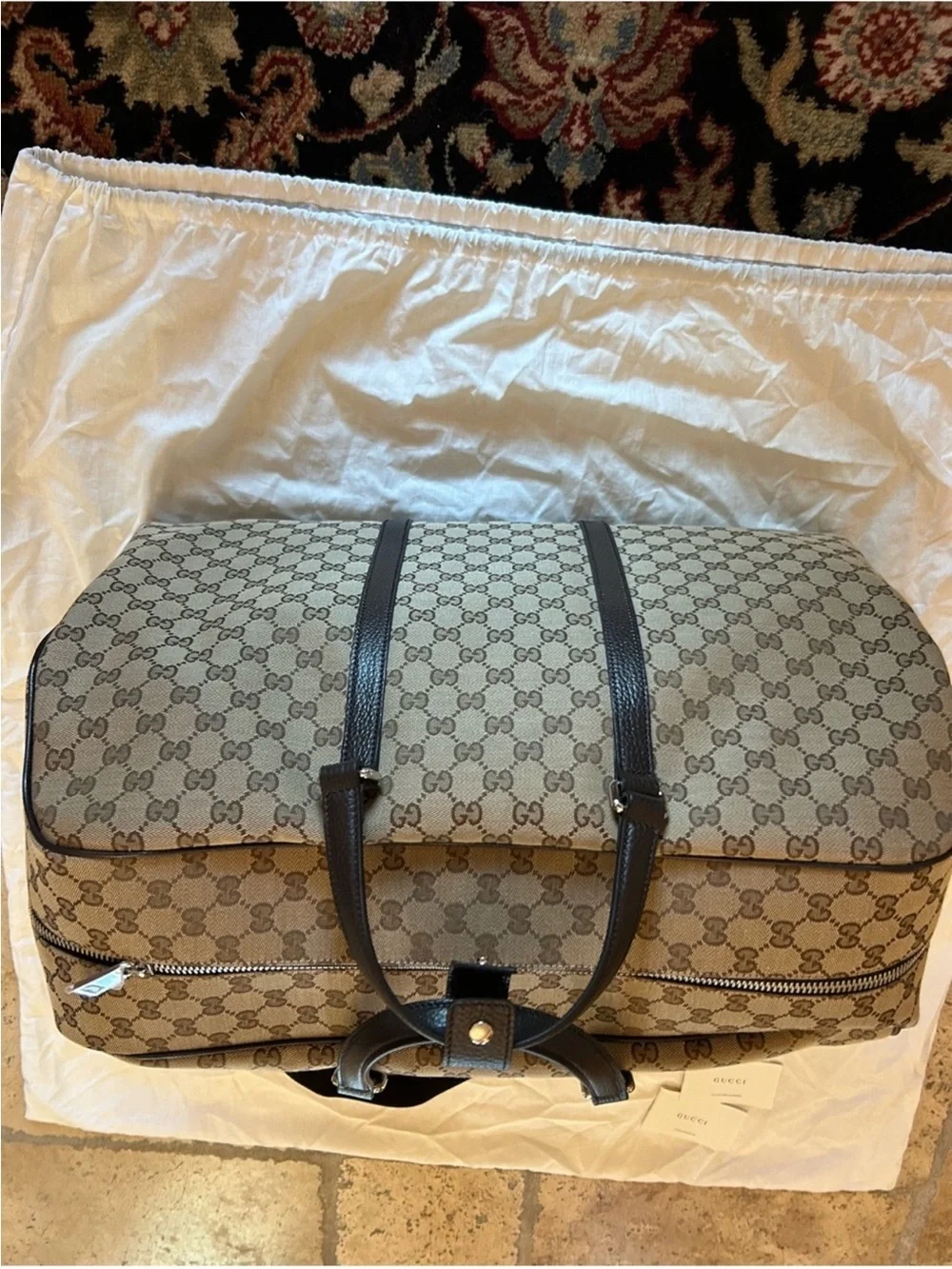 Unisex, Gucci, beige GG supreme canvas weekend with dark brown trim made Italy